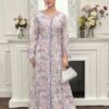 yasmyna فستان بأكمام واسعة وخصر مطوي مطبوع بالزهور بياقة مقطوعة على الطراز العربي للنساء 3