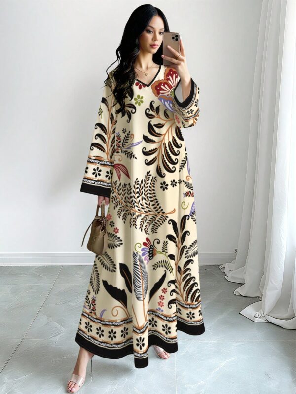 shein najma فستان طويل الأكمام بياقة على شكل حرف v مزخرف بطبعات هندسية وزهرية متناظرة للنساء، فستان أنيق بطراز عربي، للربيع/الصيف 3