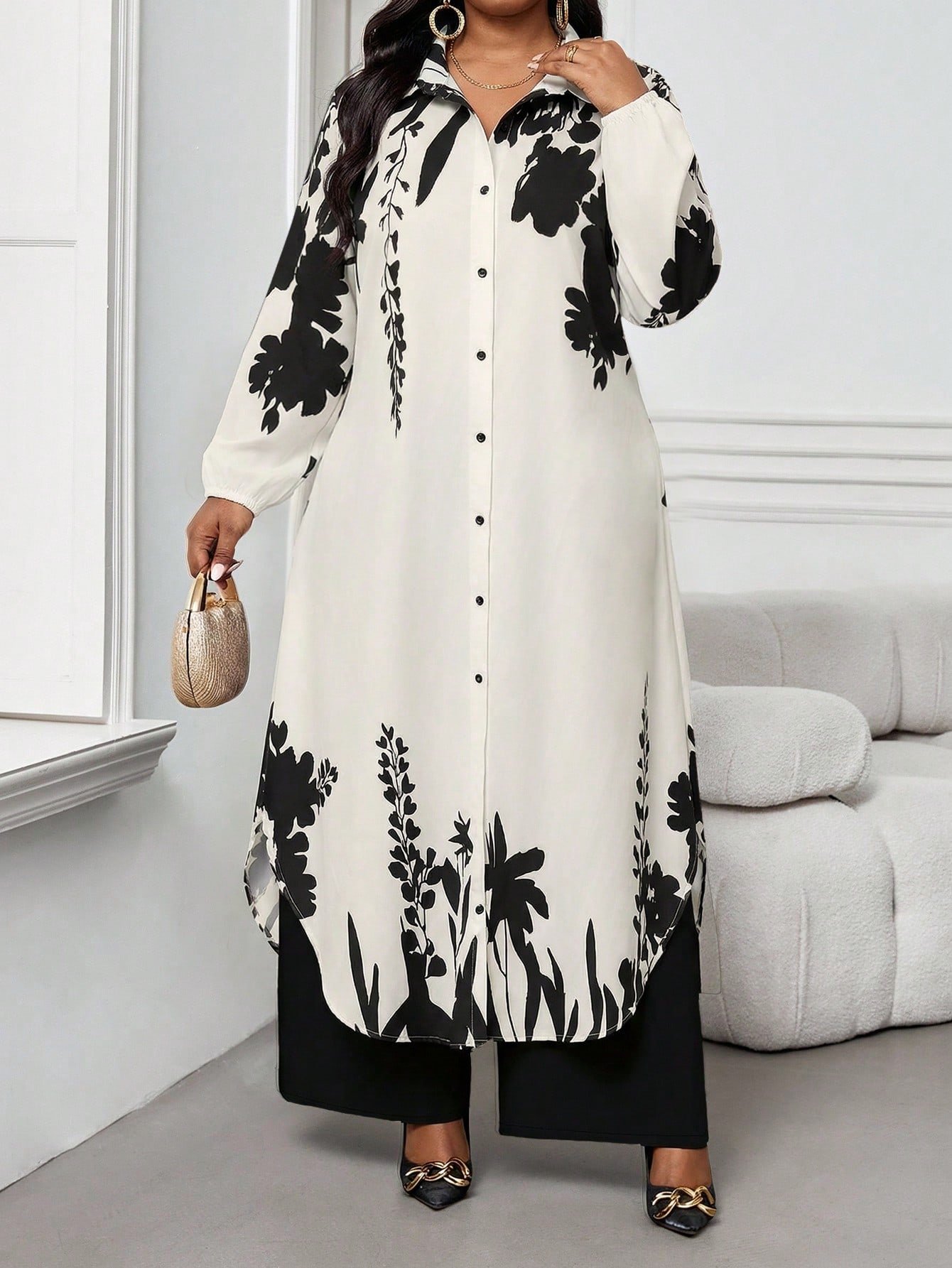 shein lady curve قميص كاجوال أنيق للربيع والصيف والخريف والشتاء، ياقة منسوجة، أكمام بيشوب، جيوب، أكمام طويلة، مقاسات كبيرة، بدلة أنيقة للمكتب والتنقل للربيع والصيف، ملابس صيفية للنساء للعطلات 5