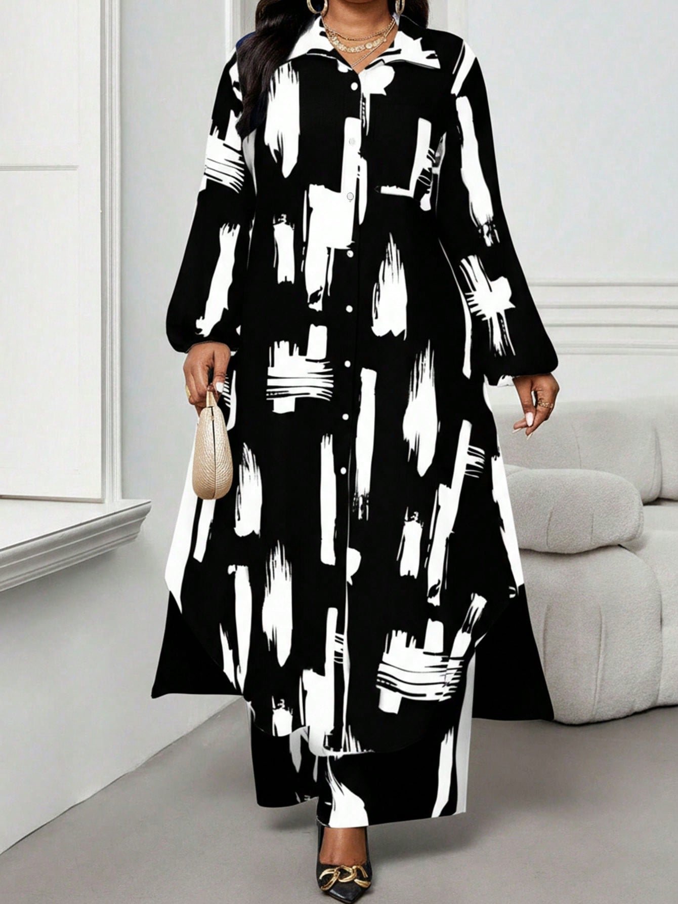 shein lady curve قميص كاجوال أنيق للربيع والصيف والخريف والشتاء، ياقة منسوجة، أكمام بيشوب، جيوب، أكمام طويلة، مقاسات كبيرة، بدلة أنيقة للمكتب والتنقل للربيع والصيف، ملابس صيفية للنساء للعطلات 6