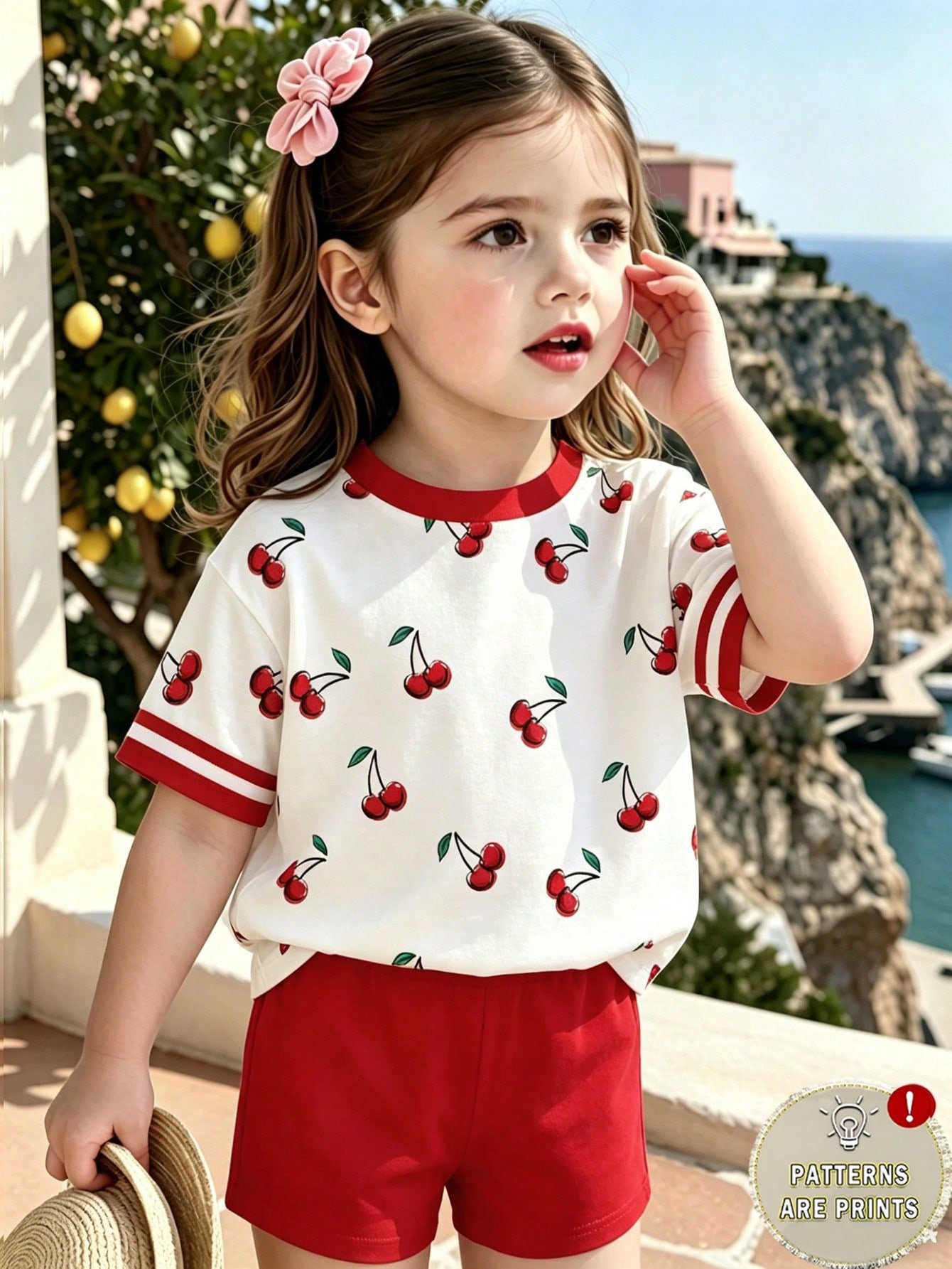 elladie kids مجموعة قميص كم قصير وشورت للبنات الرضع بطبعات صدفة وجنجل البحر وفيونكة، أسلوب عطلة عفوي بسيط، مناسبة للعطلات والأنشطة الخارجية، صيفي 3