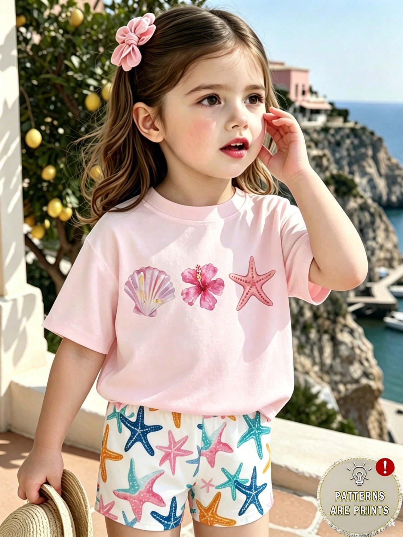 elladie kids مجموعة قميص كم قصير وشورت للبنات الرضع بطبعات صدفة وجنجل البحر وفيونكة، أسلوب عطلة عفوي بسيط، مناسبة للعطلات والأنشطة الخارجية، صيفي 7