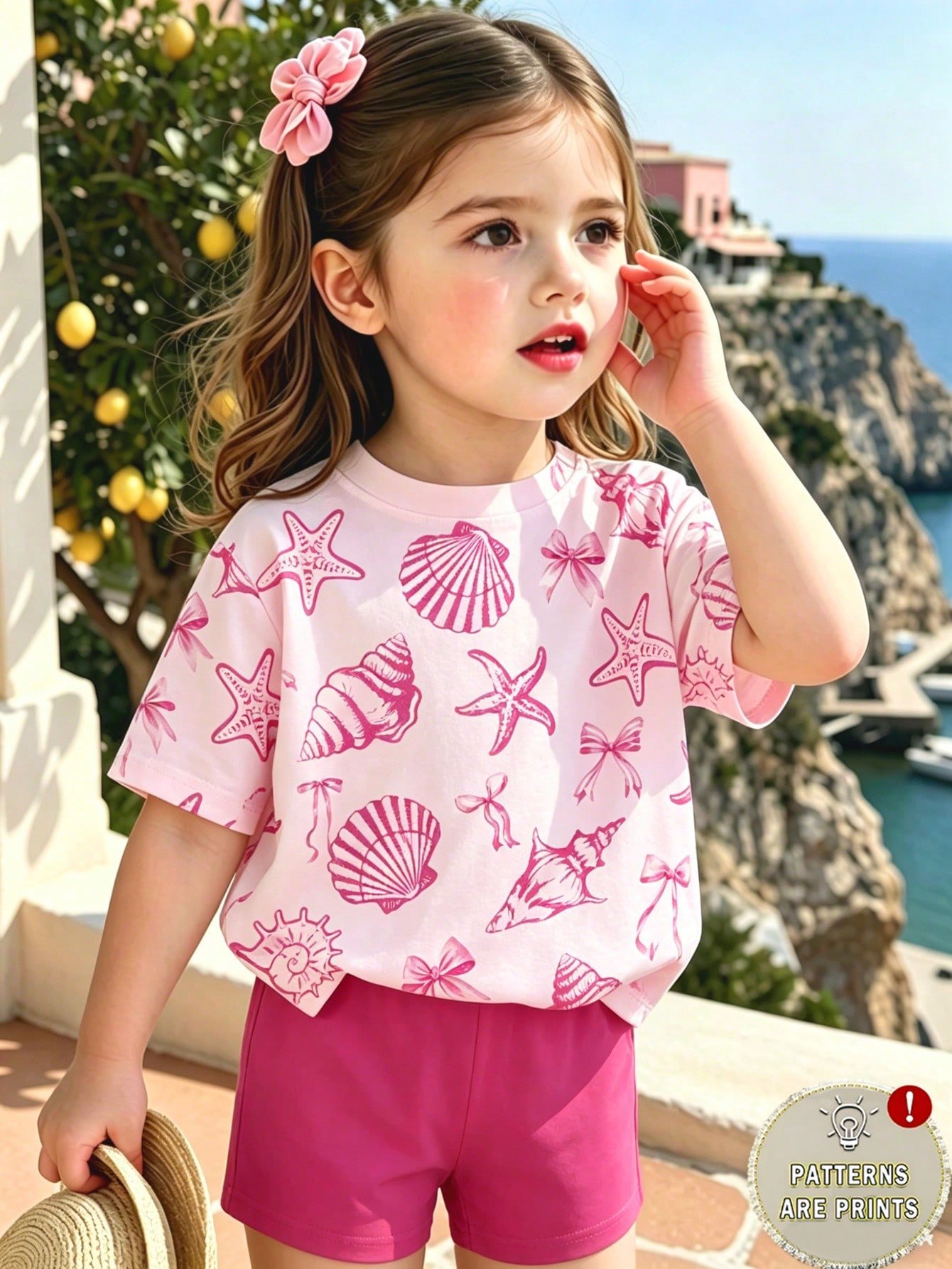 elladie kids مجموعة قميص كم قصير وشورت للبنات الرضع بطبعات صدفة وجنجل البحر وفيونكة، أسلوب عطلة عفوي بسيط، مناسبة للعطلات والأنشطة الخارجية، صيفي 10