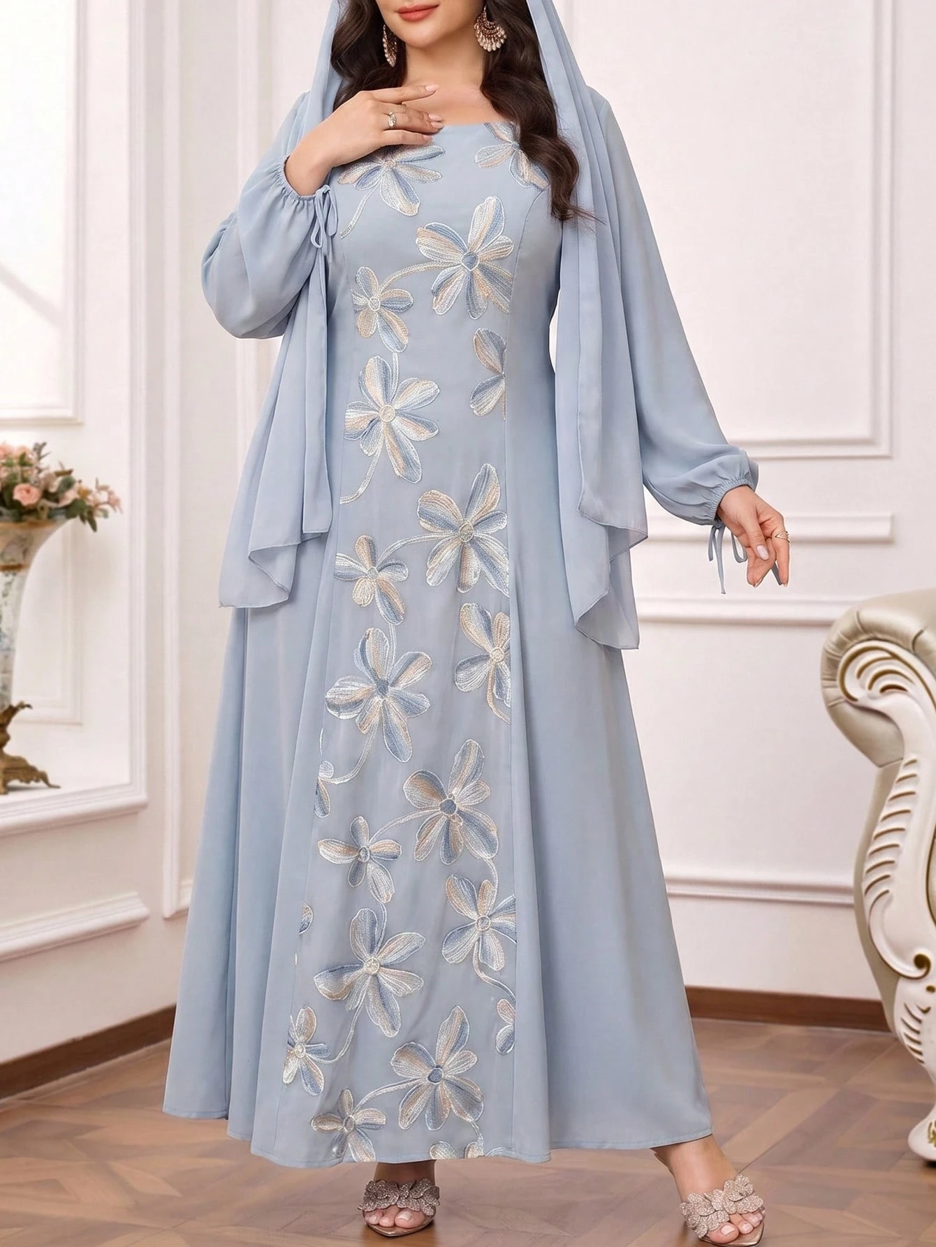 al najma فستان أنيق أزرق طويل الأكمام مع تطريز على الرقبة المربعة مقاس كبير 8