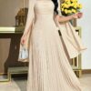 modelyn فستان أنيق بأكمام طويلة مطوي بياقة مربعة وتصميم لون سادة مع شق modelyn فستان أنيق بأكمام طويلة مطوي بياقة مربعة وتصميم لون سادة مع شق