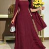 modelyn فستان أنيق بأكمام طويلة مطوي بياقة مربعة وتصميم لون سادة مع شق 2