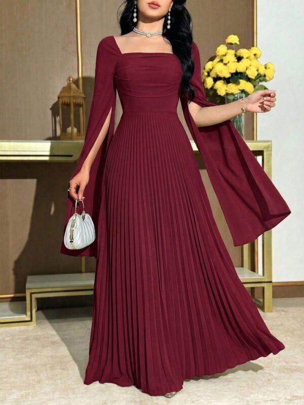 modelyn فستان أنيق بأكمام طويلة مطوي بياقة مربعة وتصميم لون سادة مع شق 2