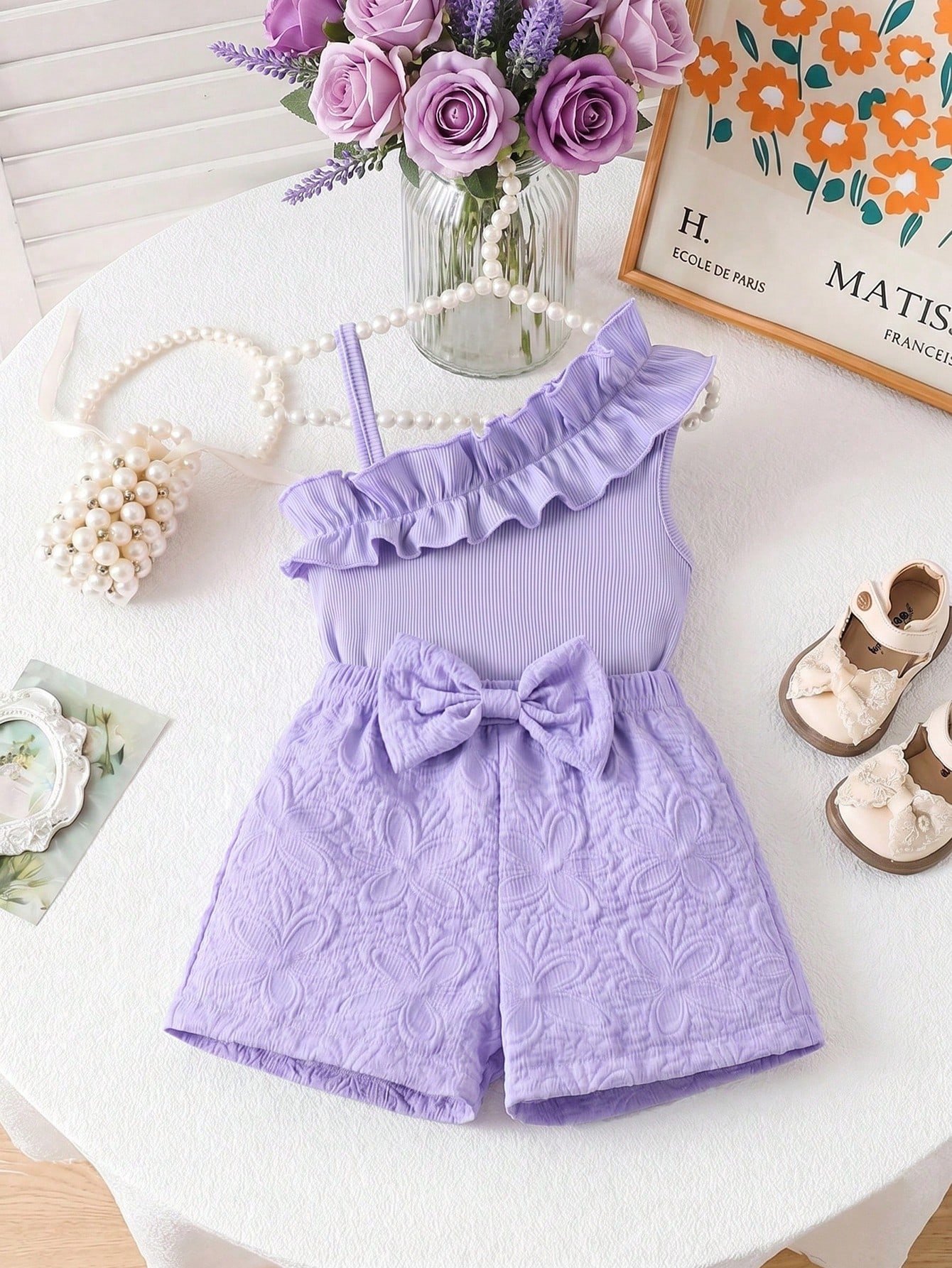 shein elladie kids ملابس صيفية كيوت للبنات الرضع من قطعتين، تتكون من ملابس علوية كتف واحد مزخرفة بالأزهار باللونين الوردي والأبيض، وشورت بخصر مطاطي، مناسبة لملابس عيد الميلاد 13