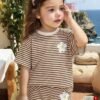 elladie kids مجموعة قميص كم قصير وشورت للبنات الرضع بطبعات صدفة وجنجل البحر وفيونكة، أسلوب عطلة عفوي بسيط، مناسبة للعطلات والأنشطة الخارجية، صيفي 6