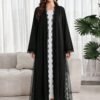 al najma عباءة نسائية بلون أحادي مع تصميم من الدانتيل، أنيقة وطويلة الأكمام 7