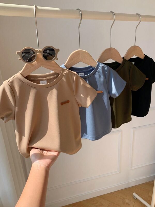 shein 4 قطع/مجموعة تيشيرت أساسي أحادي اللون بياقة طاقم وأكمام قصيرة للأطفال الرضع، مناسب للجنسين، قطن مريح وعملي للربيع/الصيف للاستخدام اليومي الداخلي والخارجي 7