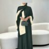 3 قطع مجموعة عباءة أنيقة بلون أحادي طويلة الأكمام مفتوحة + رداء بلا أكمام + وشاح مطابق، مجموعة عباءة 3 قطع مع وشاح، ملابس عربية ربيعية باللون الأحمر 2