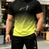طقم رجالي كاجوال بتصميم تدرج لوني وطباعة حروف، ملابس علوية برقبة دائرية وأكمام قصيرة مع شورت برباط، ملابس كاجوال مريحة، 100% بوليستر، قماش خفيف الوزن وقابل للتنفس، مناسب للارتداء في الصيف 5