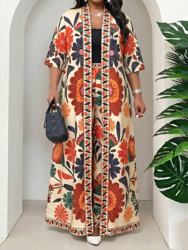 shein lady مجموعة قطعتين فضفاضة أنيقة متعددة الاستخدامات بطباعة عتيقة مقاس كبير، صيفي shein lady مجموعة قطعتين فضفاضة أنيقة متعددة الاستخدامات بطباعة عتيقة مقاس كبير، صيفي
