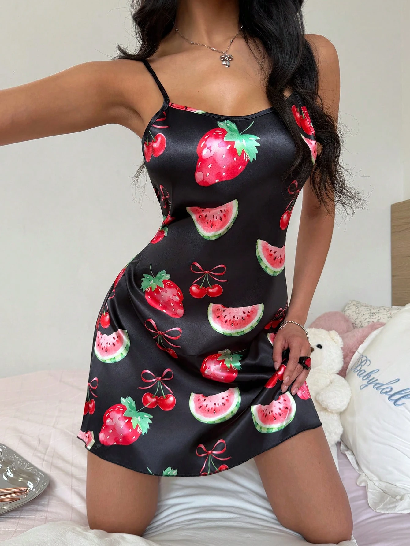 sweetslumber قميص نوم ساتان للنساء بنمط فاكهة الفراولة الحلوة 4