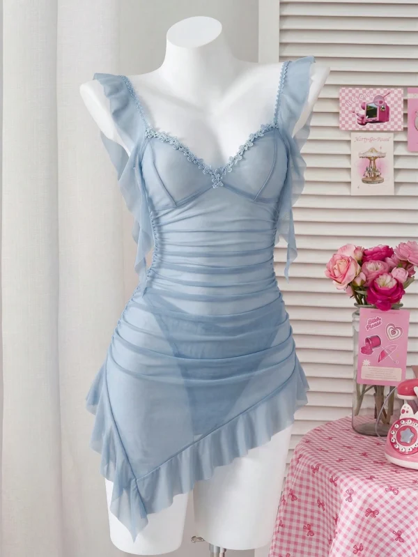 petitdoll تنورة قصيرة مجموعة من قطعتين، من الشبك الشفاف مع كشكشة وحافة غير متماثلة 5