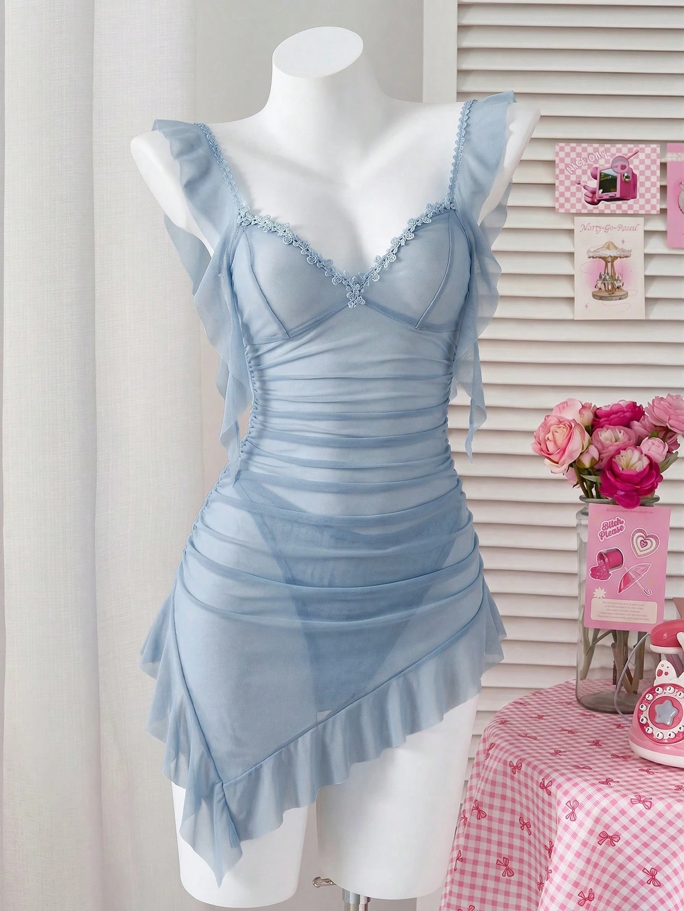 petitdoll تنورة قصيرة مجموعة من قطعتين، من الشبك الشفاف مع كشكشة وحافة غير متماثلة 5