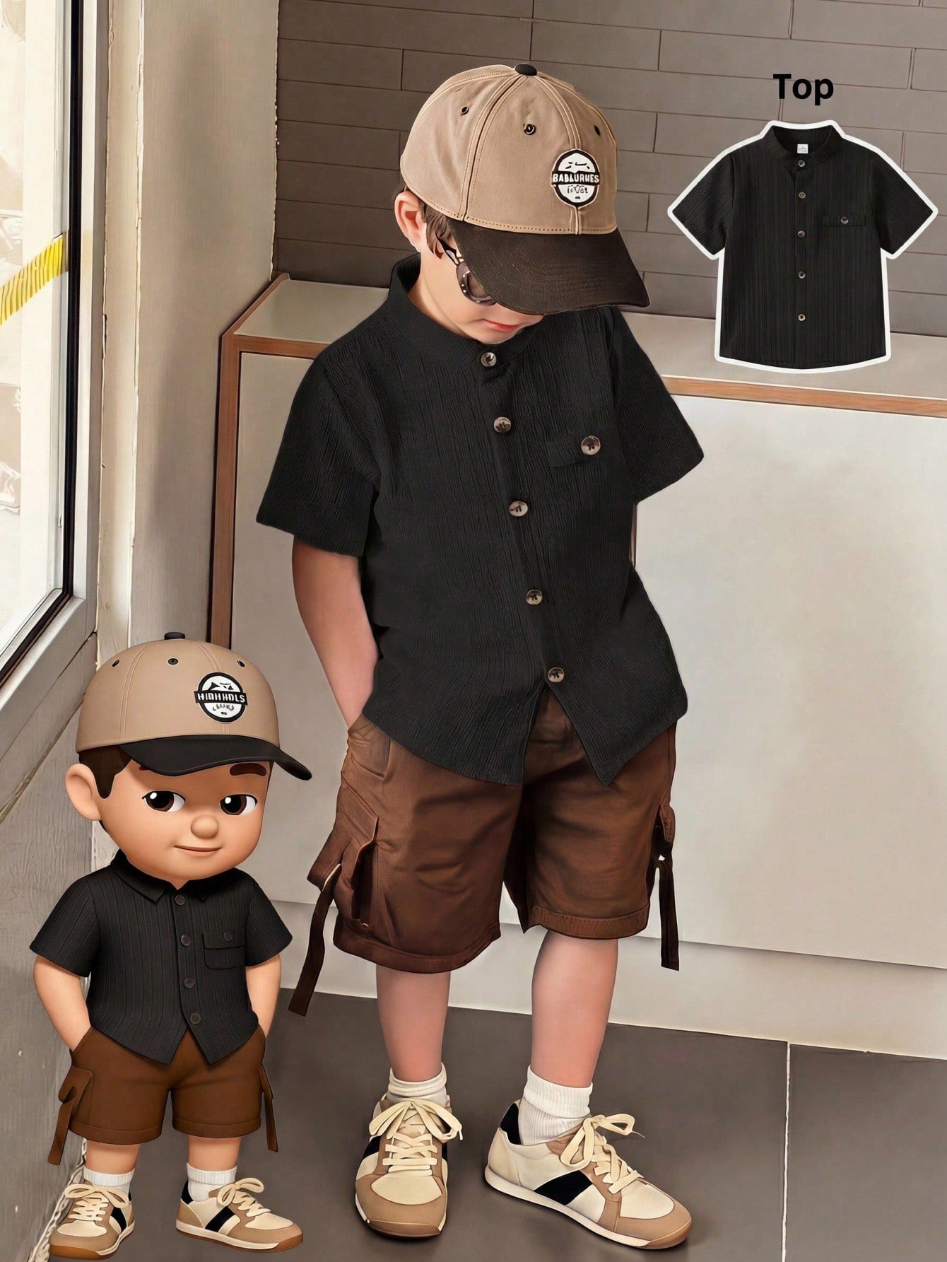 shein genkimix kids قميص كاجوال أحادي الصدر بأكمام قصيرة، لون سادة، للأولاد الصغار عمر 4 سنوات 1