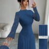 modelyn فستان نسائي بياقة عالية وخصر مشدود بالدانتيل باللون الأحمر 2