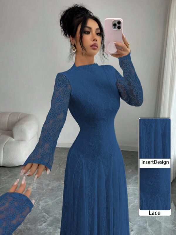modelyn فستان نسائي بياقة عالية وخصر مشدود بالدانتيل باللون الأحمر 2