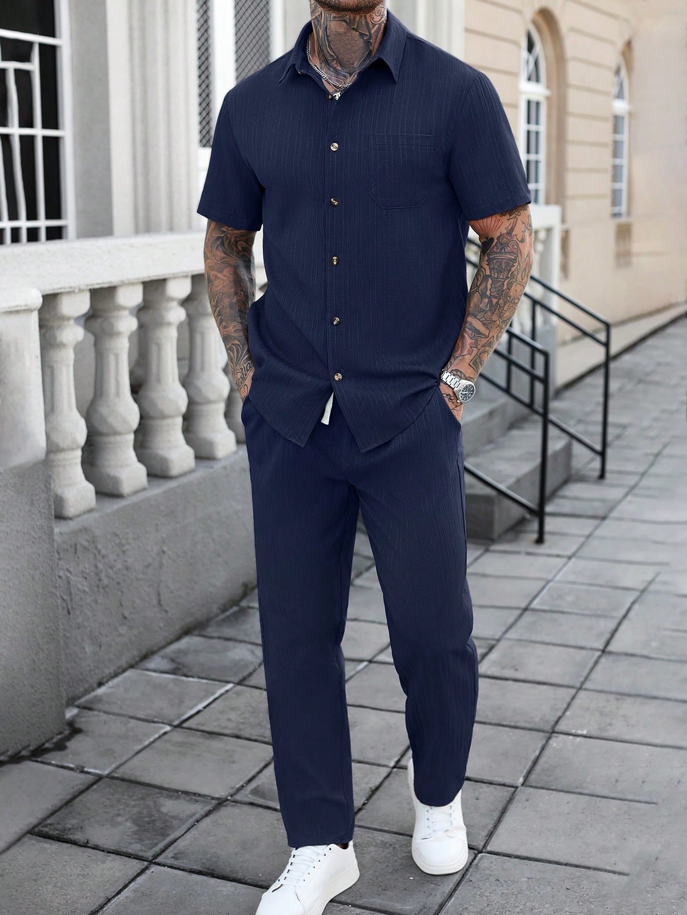 manfinity homme مجموعة قميص وبنطلون بلون أحادي ذو نسيج مخطط أكمام قصيرة، بدلة عادية للعطلات، بدلة رجالية مكونة من قطعتين، بدلة صيفية رجالية، عناصر متعددة الاستخدامات للتنقل اليومي والسفر والعطلات، هدايا للأصدقاء والزوج، طراز بسيط وعادي، طراز بريطاني أنيق 4