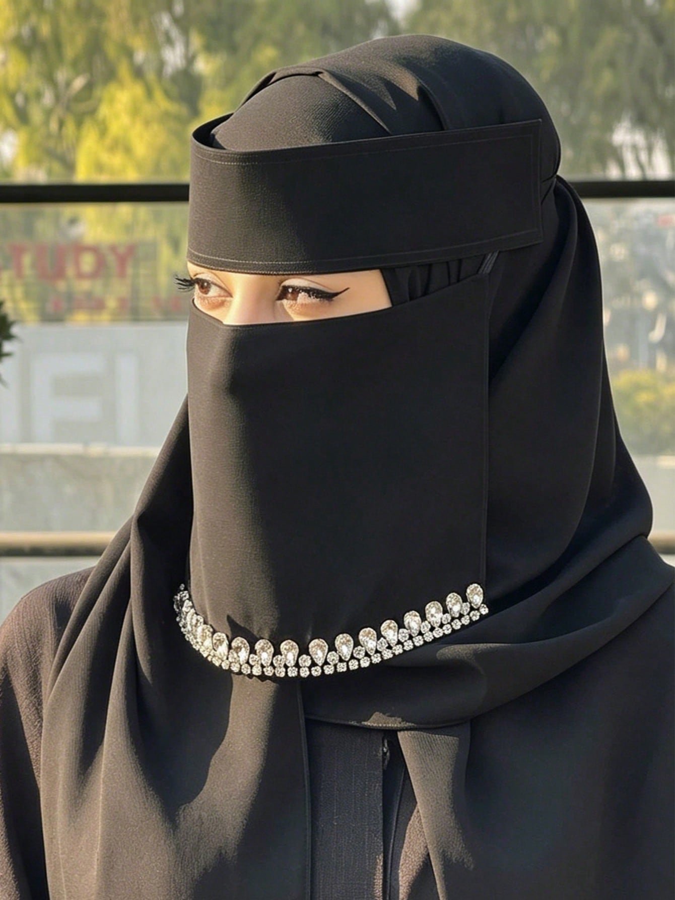 قطعة واحدة نقاب نسائي بلون أحادي مع فيونكة ذهبية مطبوعة بالزهور، وشاح رأس خفيف قابل للتنفس، أسود، للشاطئ والعطلات 3