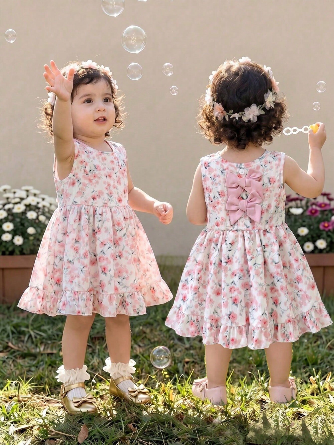shein فستان للبنات من عمر 3 أشهر إلى 3 سنوات للخروج، قطعة واحدة بأسلوب كاجوال وجميل للارتداء اليومي في فصل الخريف، فستان كم قصير مزين بفيونكة بنية اللون 9