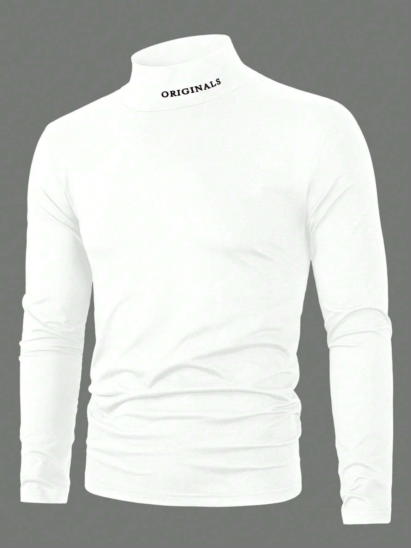 manfinity homme قميص تي شيرت كاجوال للرجال بياقة عالية وطباعة حرفية، أكمام طويلة باللون الأبيض، للخريف 2