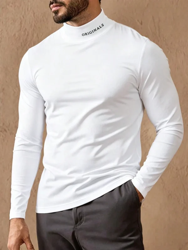 manfinity homme قميص تي شيرت كاجوال للرجال بياقة عالية وطباعة حرفية، أكمام طويلة باللون الأبيض، للخريف 7