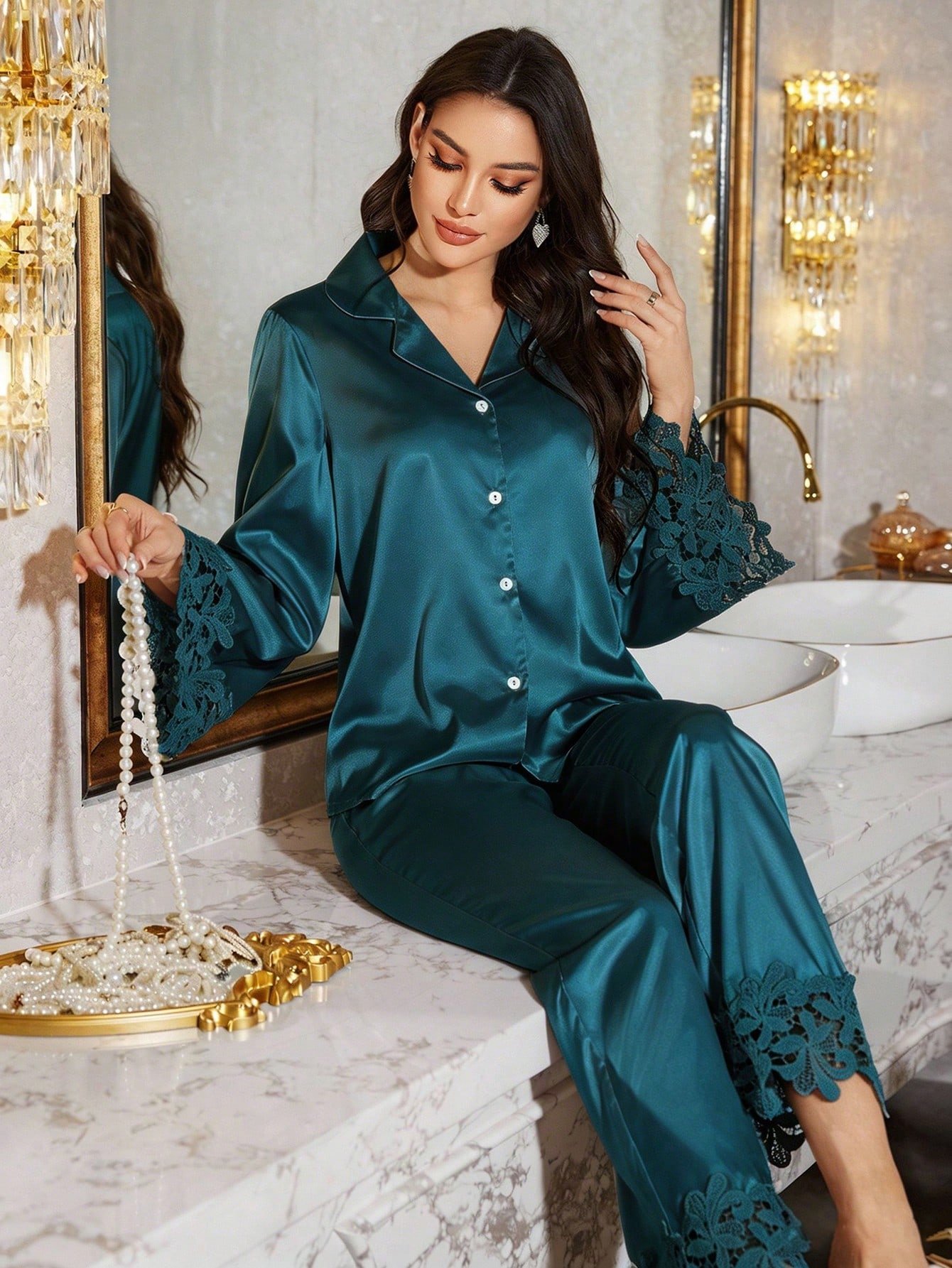 luxenights مجموعة بيجامة نسائية مكونة من قطعتين، مزينة بتفاصيل من الدانتيل، ملابس شتوية مريحة وأنيقة 9