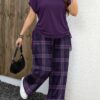 shein lune مجموعة قطعتين بنمط مربعات بلون بني أحمر داكن وبني أحمر مائل للحمرة، تصميم بسيط عادي، مناسب لجميع الفصول، مقاس كبير الحجم 6
