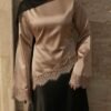 ملابس علوية ساتان أنيقة للنساء للتنقل، ملابس علوية طويلة الأكمام بياقة مستديرة ومرقعة بالدانتيل وربطة الخصر، قماش منسوج أحادي اللون مرقع بالدانتيل غير متماثل/غير متماثل أنيقة للمكتب والاستخدام اليومي والمواعيد أبيض شبه شفاف وردي 10