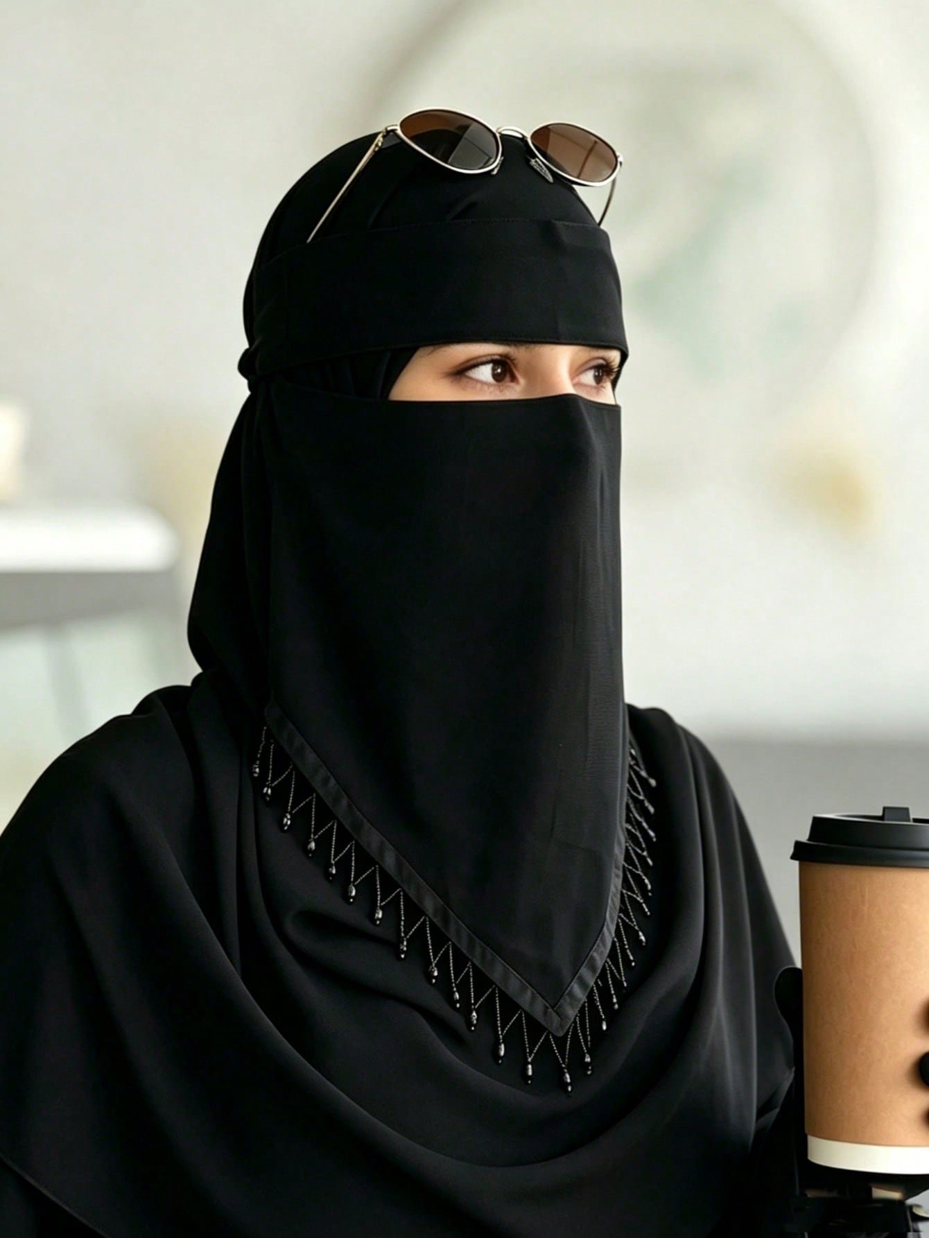 قطعة واحدة نقاب نسائي بلون أحادي مع فيونكة ذهبية مطبوعة بالزهور، وشاح رأس خفيف قابل للتنفس، أسود، للشاطئ والعطلات 4