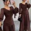 elenzga petite فستان شيفون نسائي أنيق وعصري فضفاض بتصميم رجعي، باللون البني، بتصميم رقبة منسدلة، تصميم خصر مرتفع، أكمام طويلة متدفقة، ملابس صيفية للخارج elenzga petite فستان شيفون نسائي أنيق وعصري فضفاض بتصميم رجعي، باللون البني، بتصميم رقبة منسدلة، تصميم خصر مرتفع، أكمام طويلة متدفقة، ملابس صيفية للخارج