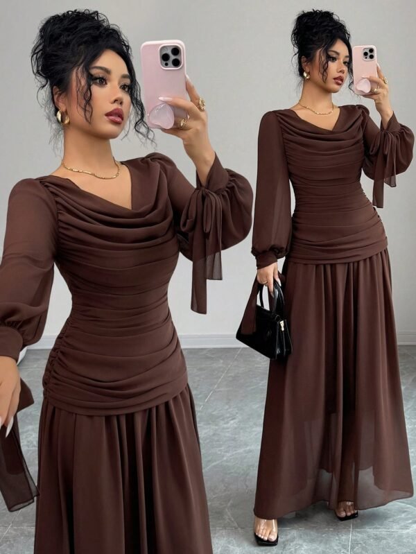 elenzga petite فستان شيفون نسائي أنيق وعصري فضفاض بتصميم رجعي، باللون البني، بتصميم رقبة منسدلة، تصميم خصر مرتفع، أكمام طويلة متدفقة، ملابس صيفية للخارج elenzga petite فستان شيفون نسائي أنيق وعصري فضفاض بتصميم رجعي، باللون البني، بتصميم رقبة منسدلة، تصميم خصر مرتفع، أكمام طويلة متدفقة، ملابس صيفية للخارج