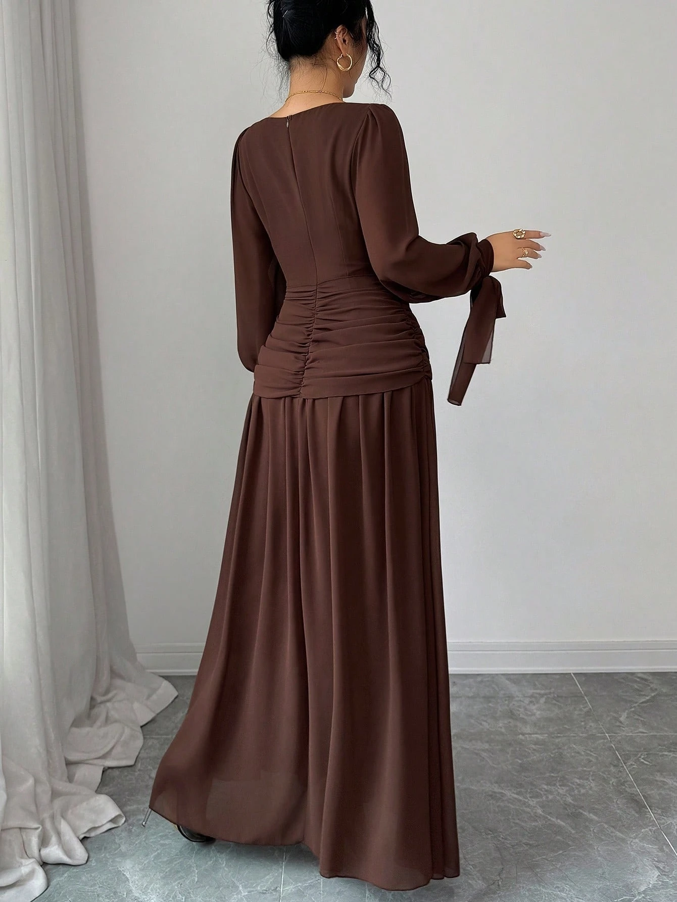 elenzga petite فستان شيفون نسائي أنيق وعصري فضفاض بتصميم رجعي، باللون البني، بتصميم رقبة منسدلة، تصميم خصر مرتفع، أكمام طويلة متدفقة، ملابس صيفية للخارج 2