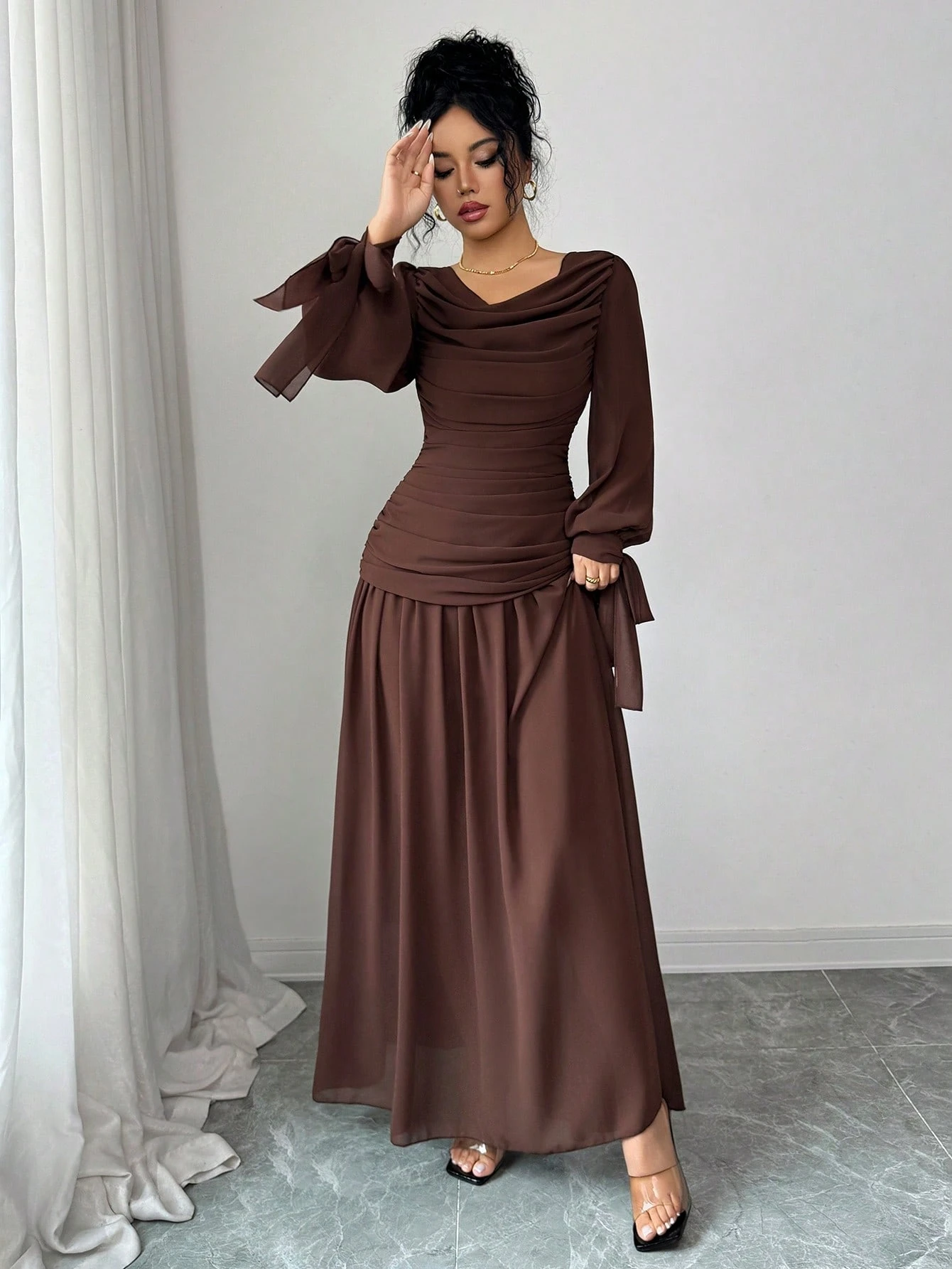 elenzga petite فستان شيفون نسائي أنيق وعصري فضفاض بتصميم رجعي، باللون البني، بتصميم رقبة منسدلة، تصميم خصر مرتفع، أكمام طويلة متدفقة، ملابس صيفية للخارج 3