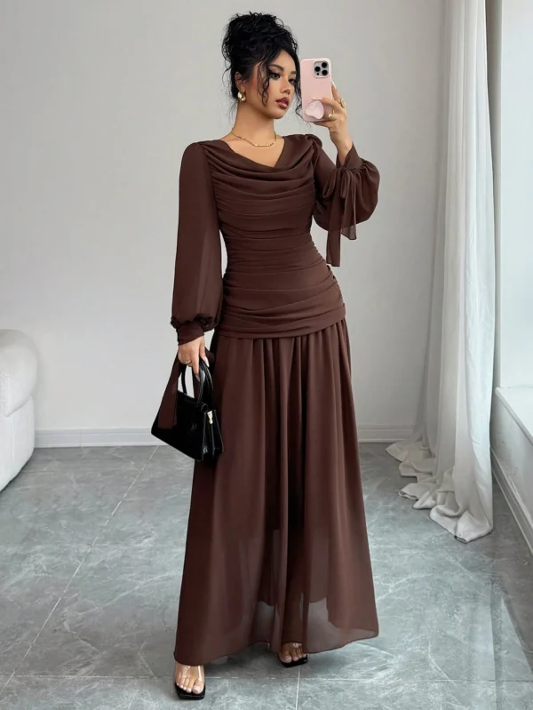 elenzga petite فستان شيفون نسائي أنيق وعصري فضفاض بتصميم رجعي، باللون البني، بتصميم رقبة منسدلة، تصميم خصر مرتفع، أكمام طويلة متدفقة، ملابس صيفية للخارج 4