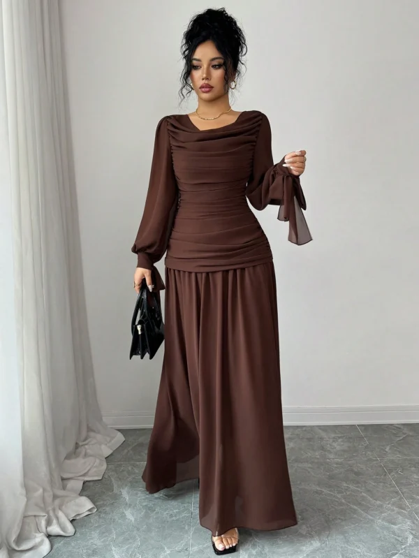 elenzga petite فستان شيفون نسائي أنيق وعصري فضفاض بتصميم رجعي، باللون البني، بتصميم رقبة منسدلة، تصميم خصر مرتفع، أكمام طويلة متدفقة، ملابس صيفية للخارج 5