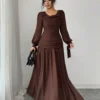 elenzga petite فستان شيفون نسائي أنيق وعصري فضفاض بتصميم رجعي، باللون البني، بتصميم رقبة منسدلة، تصميم خصر مرتفع، أكمام طويلة متدفقة، ملابس صيفية للخارج 6