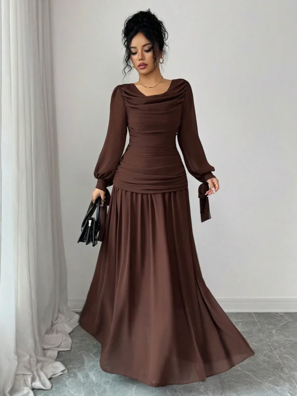 elenzga petite فستان شيفون نسائي أنيق وعصري فضفاض بتصميم رجعي، باللون البني، بتصميم رقبة منسدلة، تصميم خصر مرتفع، أكمام طويلة متدفقة، ملابس صيفية للخارج 6