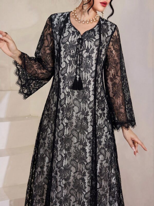 shein najma رمضان فستان عربي نسائي بياقة مربعة مزين بالدانتيل والشراريب وأكمام ثلاثة أرباع متسعة shein najma رمضان فستان عربي نسائي بياقة مربعة مزين بالدانتيل والشراريب وأكمام ثلاثة أرباع متسعة