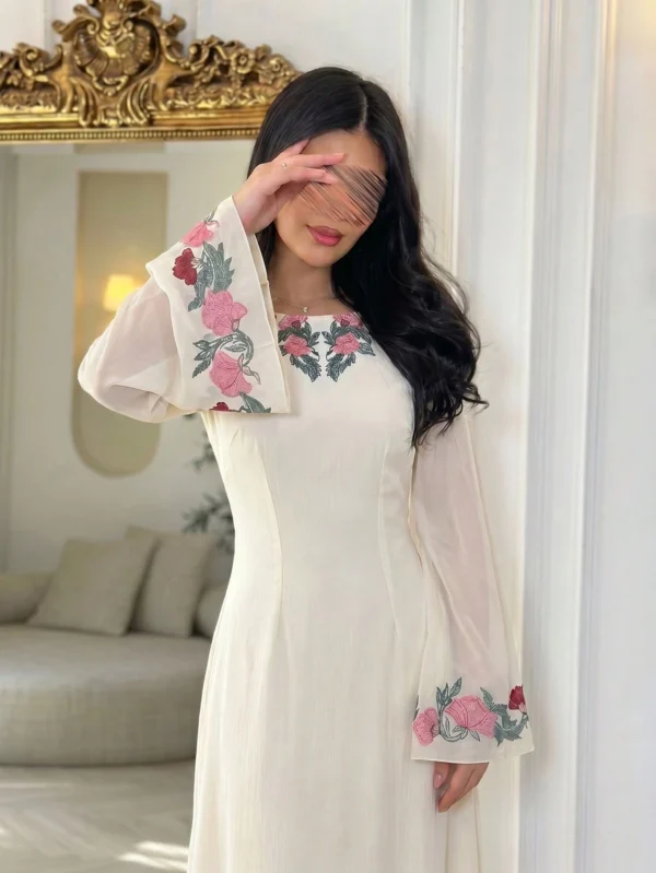 yasmyna فستان أنيق رومانسي بطراز عربي من الشيفون مطبوع رقميًا بلون المشمش، قصة a line مع خصر أنيق، مناسب للربيع والصيف 6