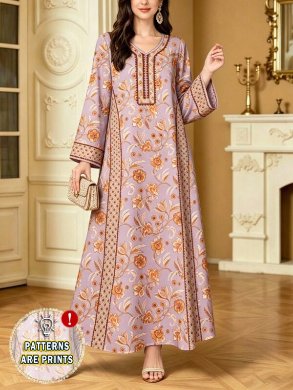 shein najma فستان ماكسي أنيق بطبعة رقمية ملونة بنمط الكرمة، طويل الأكمام وياقة على شكل حرف v، للربيع والخريف 8