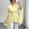 elenzga بلوزة شيفون أنيقة للتنقل مع أكمام غير متماثلة فرنسية وخصر مربوط 1