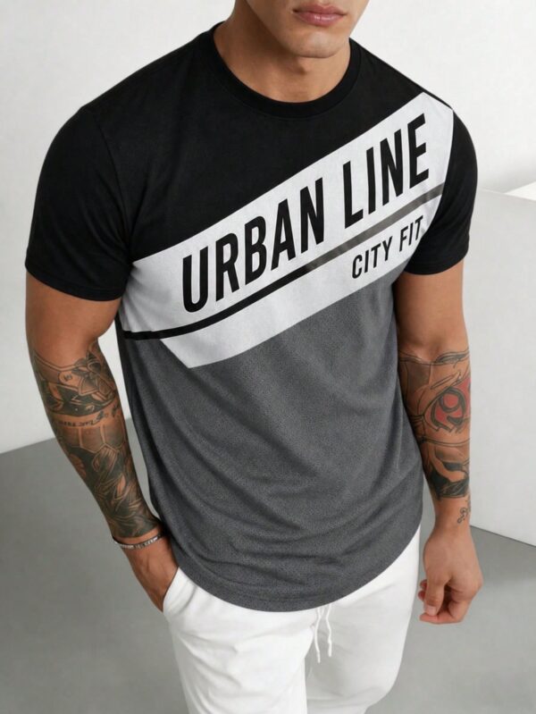 تي شيرت رجالي &quote;urban line city fit&quote; من fractyr بتصميم كتل لونية، أسود & رمادي، تي شيرت رياضي بأسلوب الشارع، ملابس علوية كاجوال برقبة دائرية للارتداء الحضري واليومي