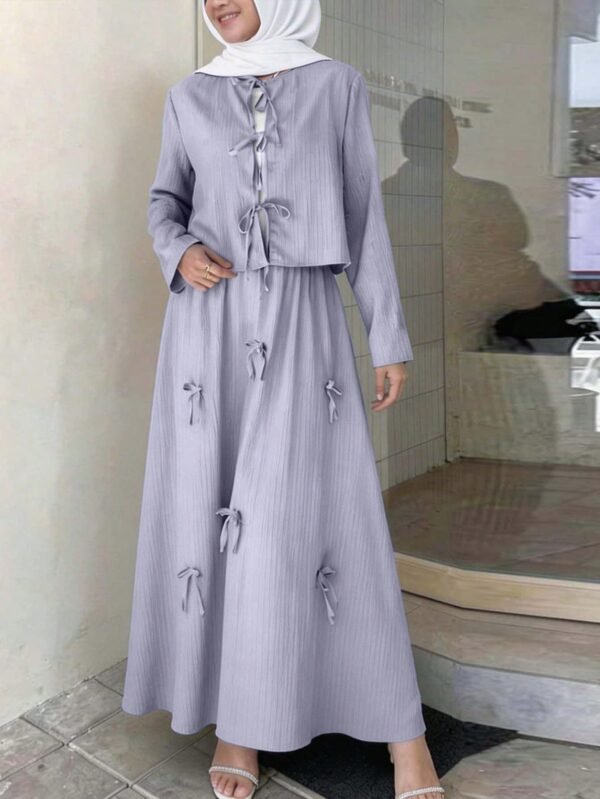 solavon طقم ملابس علوية وتنورة نسائي أنيق بعقدة أمامية، لون أحادي بسيط، مناسب لمناسبات الربيع والخريف 10