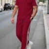 kolrap طقم رجالي كاجوال أساسي، تي شيرت أكمام قصيرة مخطط باللونين الأسود والأبيض + بنطلون رياضي بحبل شد، طقم مكون من قطعتين، صيفي 3