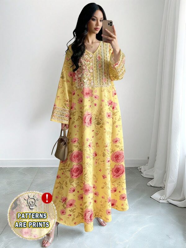 shein najma فستان ماكسي أنيق بطبعة رقمية ملونة بنمط الكرمة، طويل الأكمام وياقة على شكل حرف v، للربيع والخريف 6