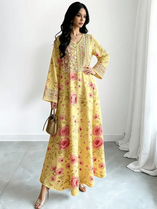 shein najma فستان كم طويل بياقة v مزخرف بنقشة زهور صغيرة، إطلالة أنيقة وراقية، فستان شيفون ماكسي مع ياقة، مناسب للربيع والصيف 14